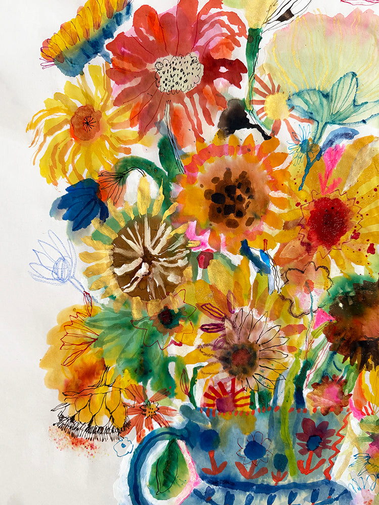 SUNFLOWERS in BLUE JUG ORIGINAL