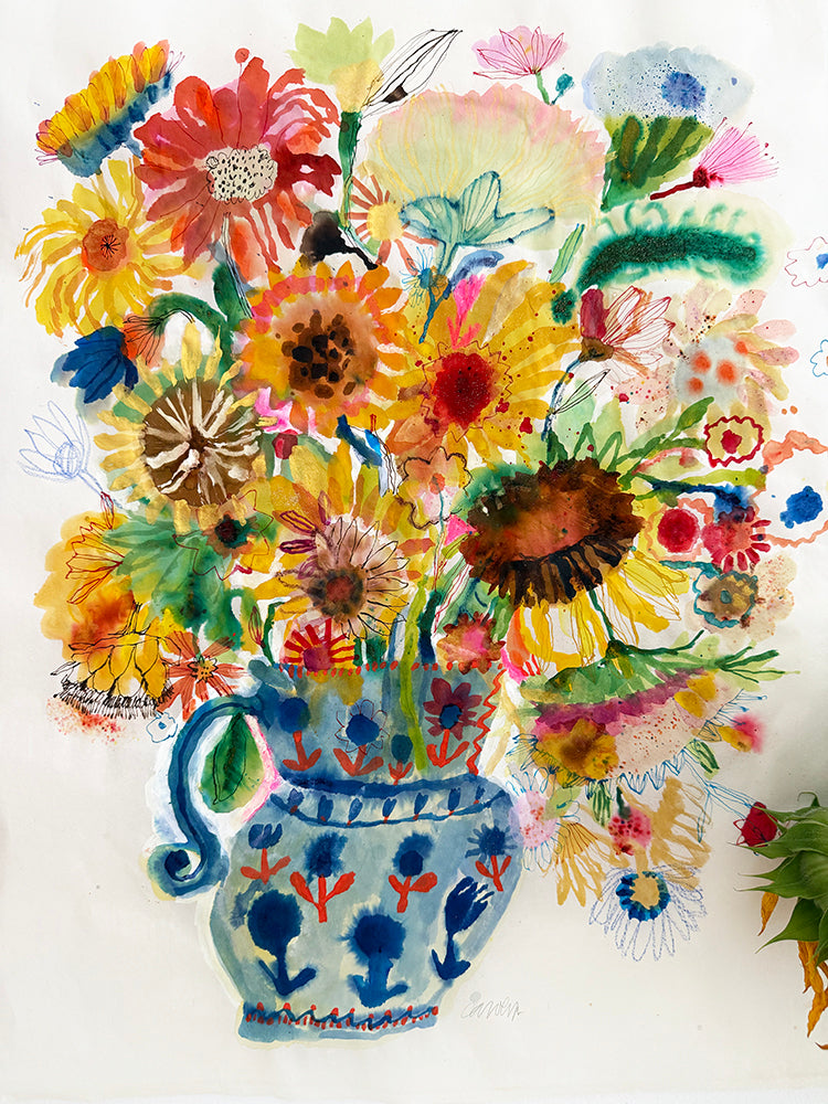 SUNFLOWERS in BLUE JUG ORIGINAL