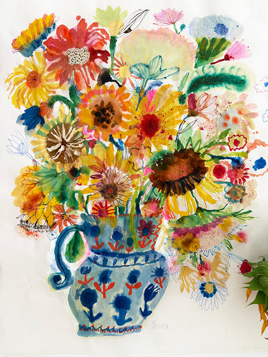 SUNFLOWERS in BLUE JUG ORIGINAL