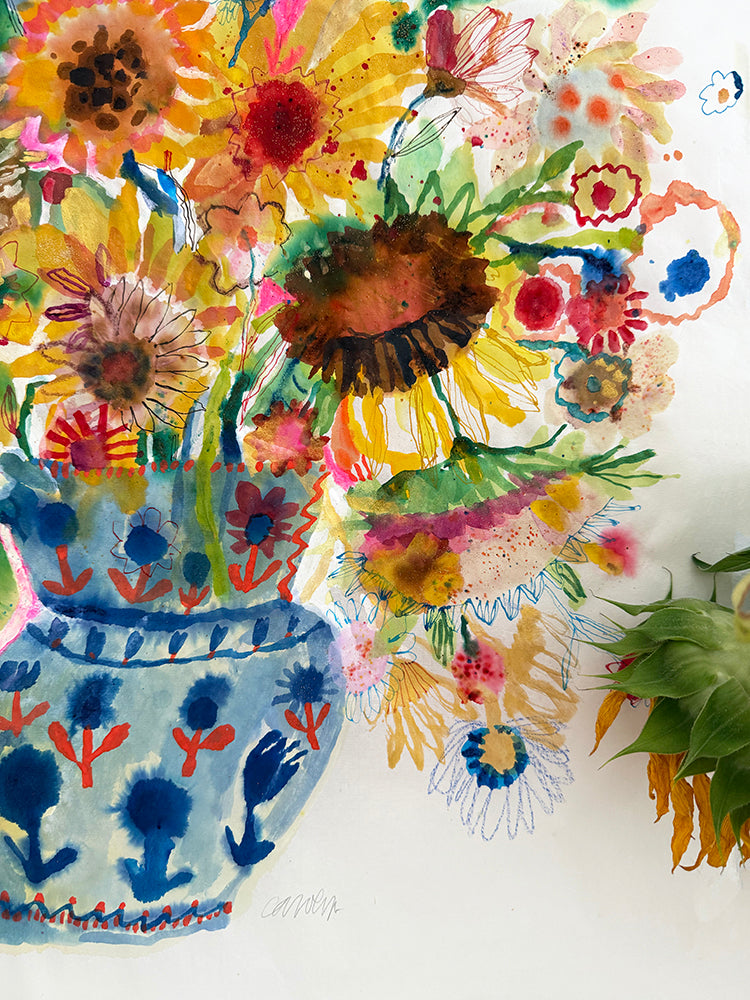 SUNFLOWERS in BLUE JUG ORIGINAL