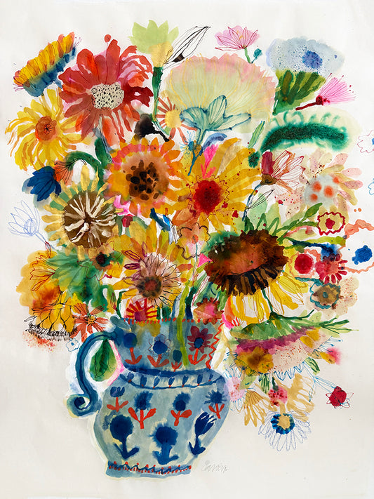 SUNFLOWERS in BLUE JUG ORIGINAL